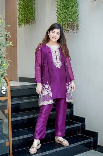 Women's Gorgeous Embroidery Work Chinon Silk Fabric Straight Kurta Pant with Koti Set