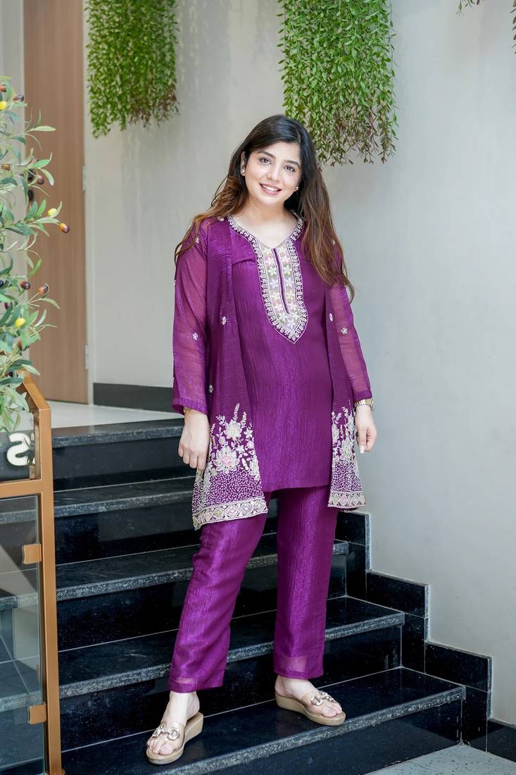 Women's Gorgeous Embroidery Work Chinon Silk Fabric Straight Kurta Pant with Koti Set