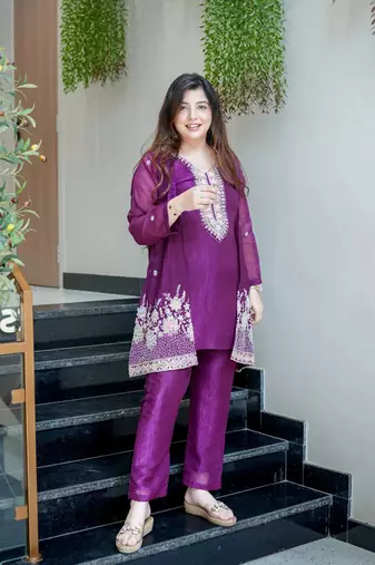 Women's Gorgeous Embroidery Work Chinon Silk Fabric Straight Kurta Pant with Koti Set