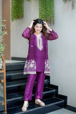 Women's Gorgeous Embroidery Work Chinon Silk Fabric Straight Kurta Pant with Koti Set 4