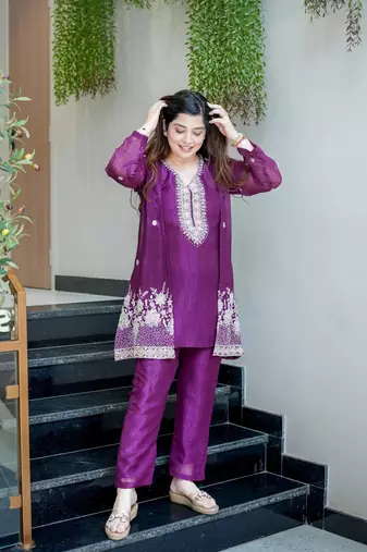 Women's Gorgeous Embroidery Work Chinon Silk Fabric Straight Kurta Pant with Koti Set