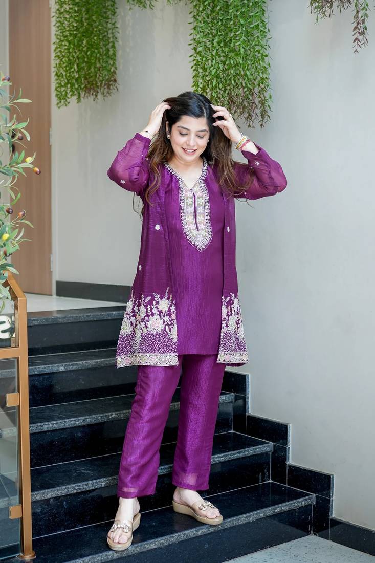Women's Gorgeous Embroidery Work Chinon Silk Fabric Straight Kurta Pant with Koti Set