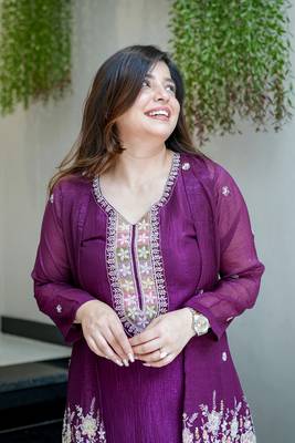 Women's Gorgeous Embroidery Work Chinon Silk Fabric Straight Kurta Pant with Koti Set 5