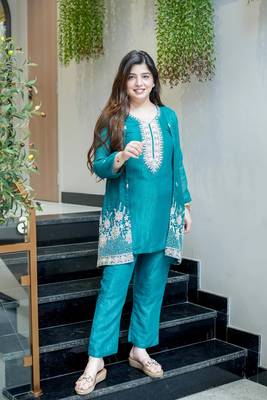 Women's Gorgeous Embroidery Work Chinon Silk Fabric Straight Kurta Pant with Koti Set 1