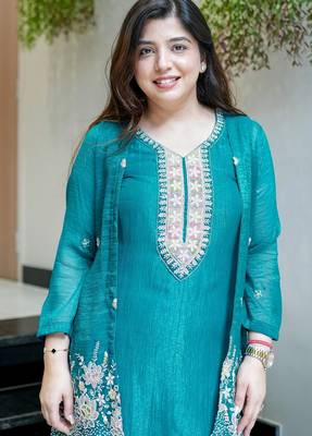 Women's Gorgeous Embroidery Work Chinon Silk Fabric Straight Kurta Pant with Koti Set 2