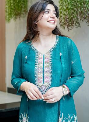 Women's Gorgeous Embroidery Work Chinon Silk Fabric Straight Kurta Pant with Koti Set 4
