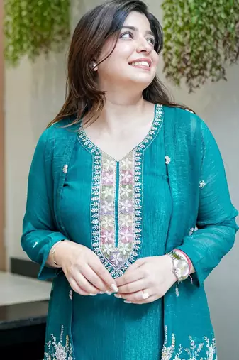 Women's Gorgeous Embroidery Work Chinon Silk Fabric Straight Kurta Pant with Koti Set