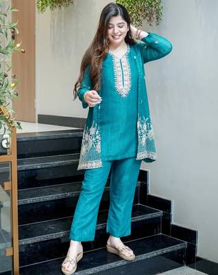 Women's Gorgeous Embroidery Work Chinon Silk Fabric Straight Kurta Pant with Koti Set 5