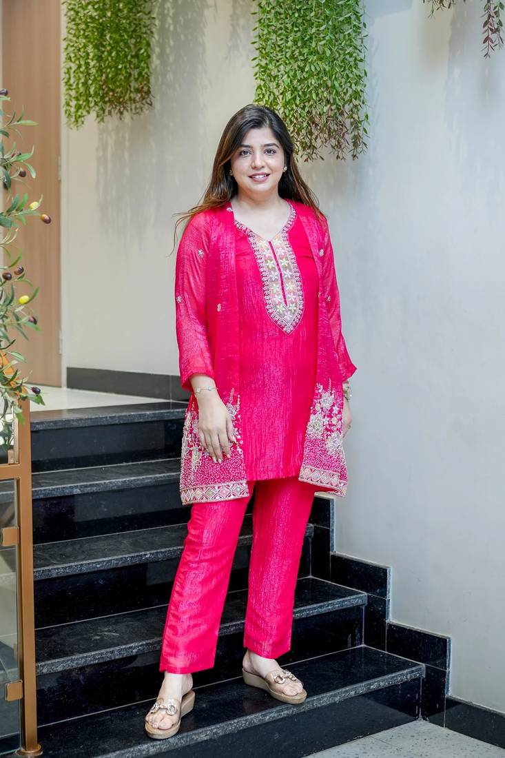 Women's Gorgeous Embroidery Work Chinon Silk Fabric Straight Kurta Pant with Koti Set