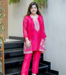 Women's Gorgeous Embroidery Work Chinon Silk Fabric Straight Kurta Pant with Koti Set