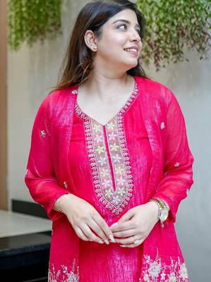Women's Gorgeous Embroidery Work Chinon Silk Fabric Straight Kurta Pant with Koti Set 3