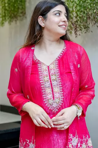 Women's Gorgeous Embroidery Work Chinon Silk Fabric Straight Kurta Pant with Koti Set