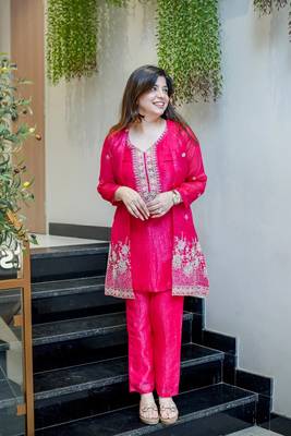 Women's Gorgeous Embroidery Work Chinon Silk Fabric Straight Kurta Pant with Koti Set 4