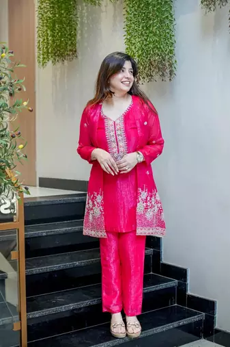 Women's Gorgeous Embroidery Work Chinon Silk Fabric Straight Kurta Pant with Koti Set