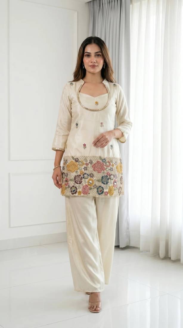 Women's Gorgeous Embroidery Work Chinon Silk Fabric Straight Kurta & Blouse With Palazzo Set