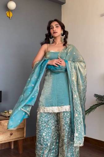 Women's Gorgeous Embroidery Work Fendy silk Fabric Straight Kurta Palazzo and Dupatta Set