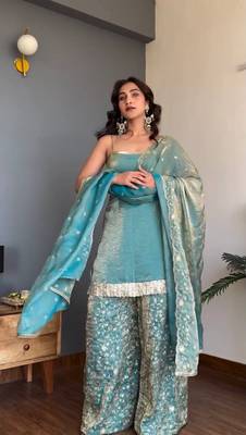 Women's Gorgeous Embroidery Work Fendy silk Fabric Straight Kurta Palazzo and Dupatta Set 1