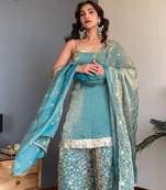 Women's Gorgeous Embroidery Work Fendy silk Fabric Straight Kurta Palazzo and Dupatta Set