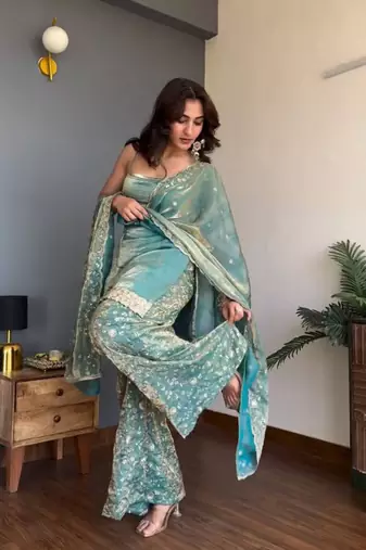 Women's Gorgeous Embroidery Work Fendy silk Fabric Straight Kurta Palazzo and Dupatta Set