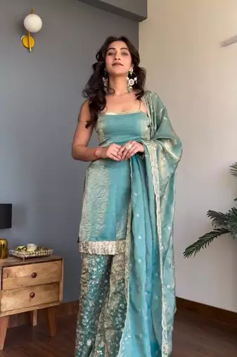 Women's Gorgeous Embroidery Work Fendy silk Fabric Straight Kurta Palazzo and Dupatta Set