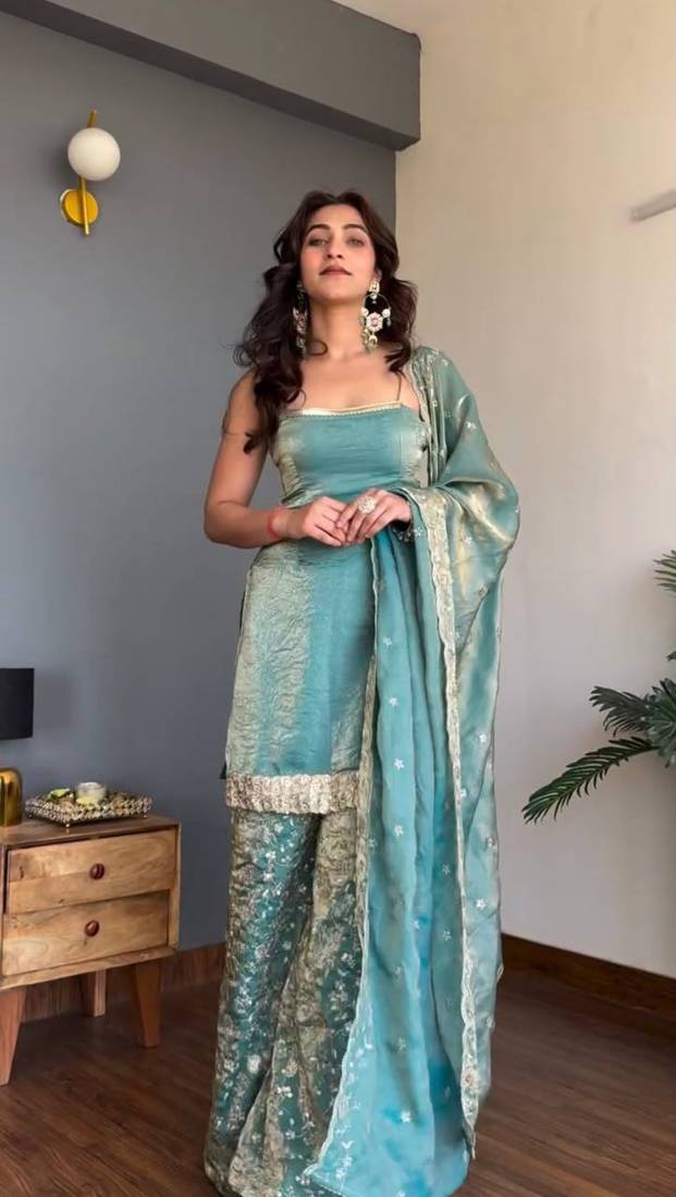 Women's Gorgeous Embroidery Work Fendy silk Fabric Straight Kurta Palazzo and Dupatta Set
