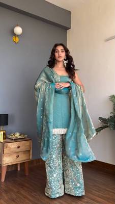 Women's Gorgeous Embroidery Work Fendy silk Fabric Straight Kurta Palazzo and Dupatta Set 4