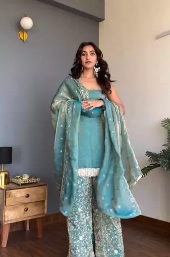 Women's Gorgeous Embroidery Work Fendy silk Fabric Straight Kurta Palazzo and Dupatta Set