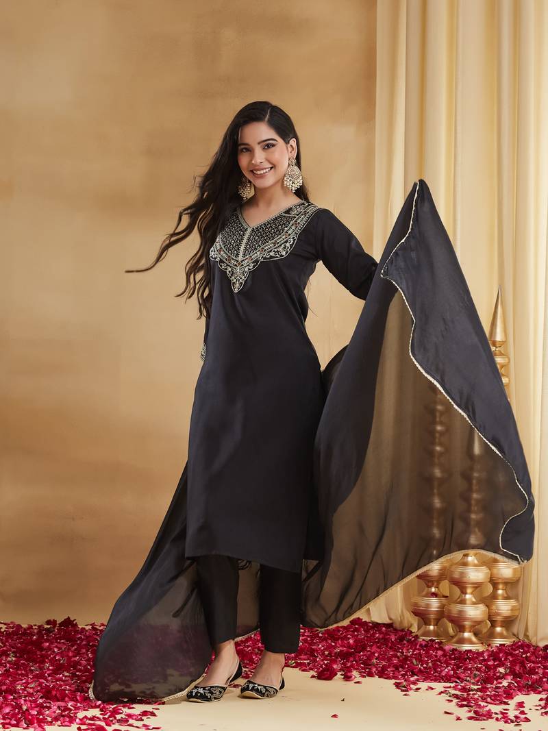 Women's Gorgeous Embroidery Work Rayon Slub Fabric Straight Kurta Pant and Dupatta Set