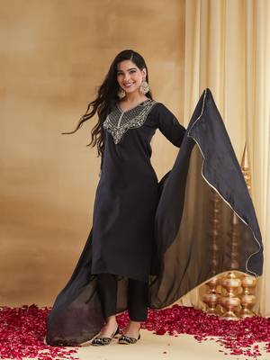 Women's Gorgeous Embroidery Work Rayon Slub Fabric Straight Kurta Pant and Dupatta Set 1