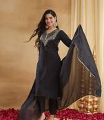Women's Gorgeous Embroidery Work Rayon Slub Fabric Straight Kurta Pant and Dupatta Set