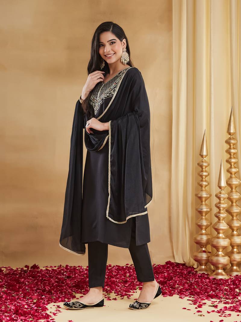Women's Gorgeous Embroidery Work Rayon Slub Fabric Straight Kurta Pant and Dupatta Set
