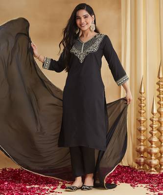 Women's Gorgeous Embroidery Work Rayon Slub Fabric Straight Kurta Pant and Dupatta Set 5