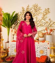 Women's Gorgeous Embroidery Work Viscose Chanderi Fabric Flared Anarkali Pant and Dupatta Set