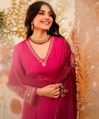 Women's Gorgeous Embroidery Work Viscose Chanderi Fabric Flared Anarkali Pant and Dupatta Set 2