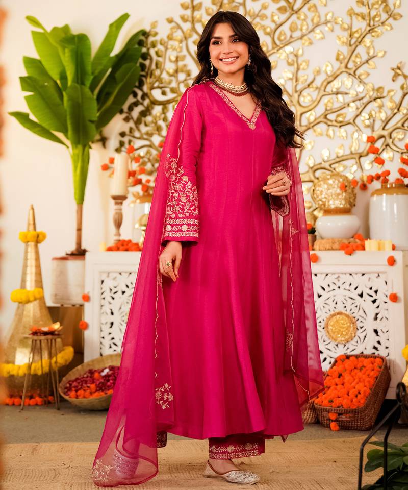 Women's Gorgeous Embroidery Work Viscose Chanderi Fabric Flared Anarkali Pant and Dupatta Set