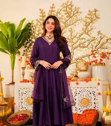Women's Gorgeous Embroidery Work Viscose Chanderi Fabric Flared Anarkali Pant and Dupatta Set