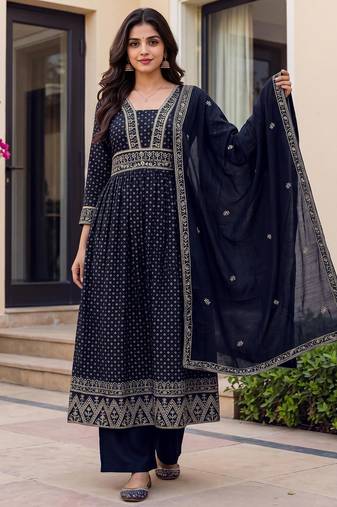 Women's Gorgeous Printed Work Vichitra Silk Fabric Flared Kurta Palazzo and Dupatta Set