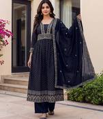 Women's Gorgeous Printed Work Vichitra Silk Fabric Flared Kurta Palazzo and Dupatta Set