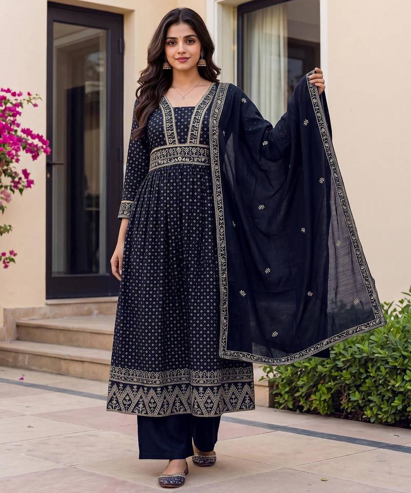 Women's Gorgeous Printed Work Vichitra Silk Fabric Flared Kurta Palazzo and Dupatta Set