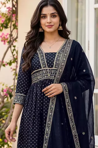 Women's Gorgeous Printed Work Vichitra Silk Fabric Flared Kurta Palazzo and Dupatta Set