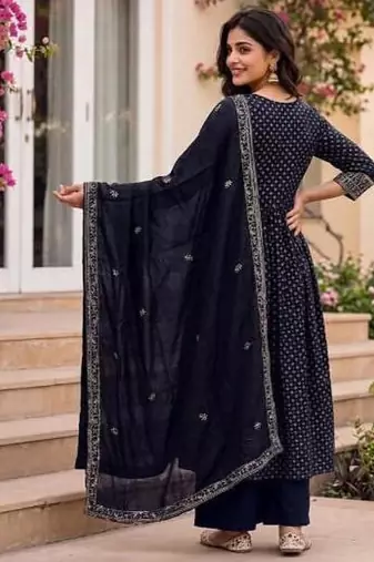 Women's Gorgeous Printed Work Vichitra Silk Fabric Flared Kurta Palazzo and Dupatta Set