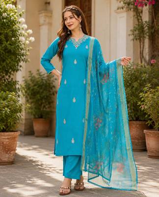 Women Gorgeous Viscose Fabric Embroidery Work Straight Kurta, Pant and Dupatta Set 1