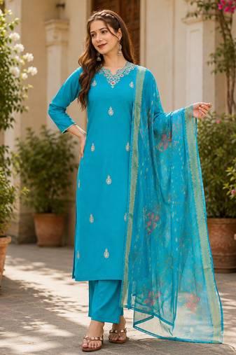 Women Gorgeous Viscose Fabric Embroidery Work Straight Kurta, Pant and Dupatta Set