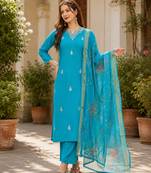 Women Gorgeous Viscose Fabric Embroidery Work Straight Kurta, Pant and Dupatta Set