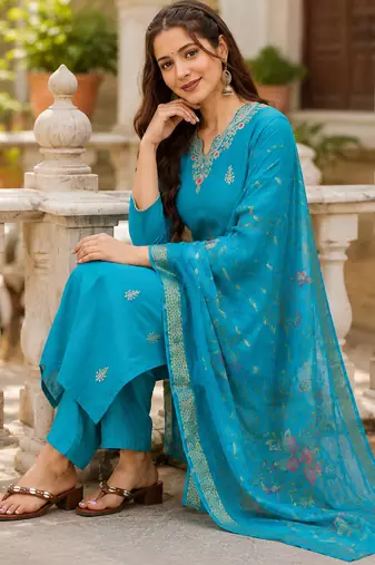 Women Gorgeous Viscose Fabric Embroidery Work Straight Kurta, Pant and Dupatta Set