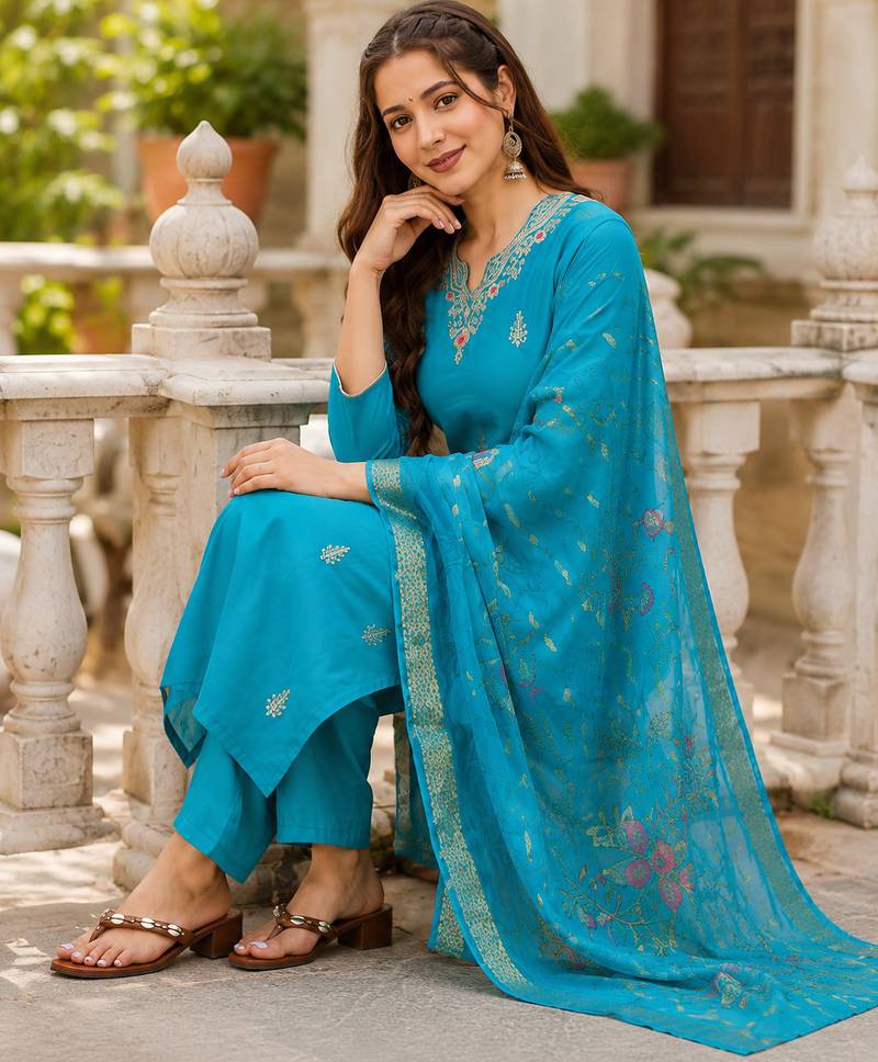 Women Gorgeous Viscose Fabric Embroidery Work Straight Kurta, Pant and Dupatta Set