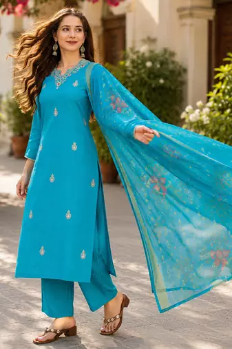 Women Gorgeous Viscose Fabric Embroidery Work Straight Kurta, Pant and Dupatta Set