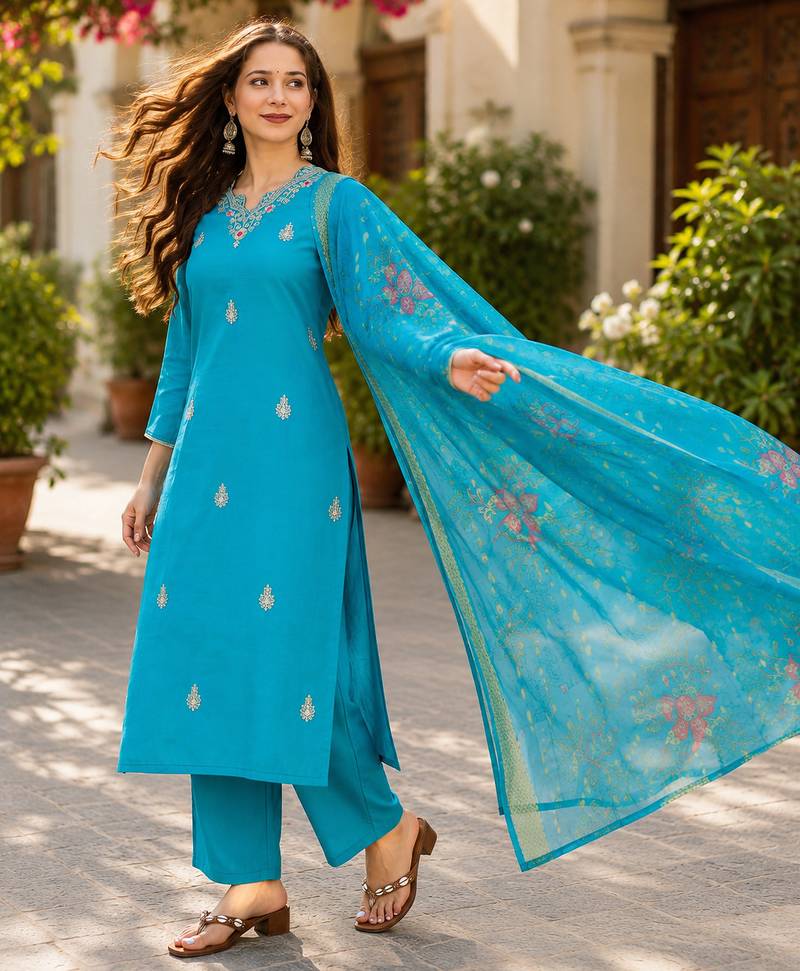 Women Gorgeous Viscose Fabric Embroidery Work Straight Kurta, Pant and Dupatta Set