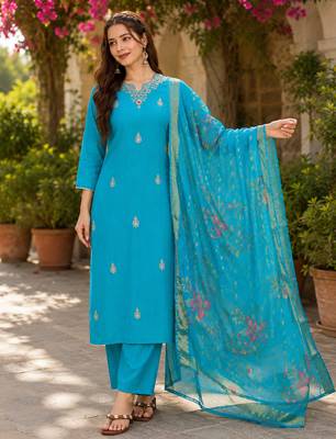 Women Gorgeous Viscose Fabric Embroidery Work Straight Kurta, Pant and Dupatta Set 5