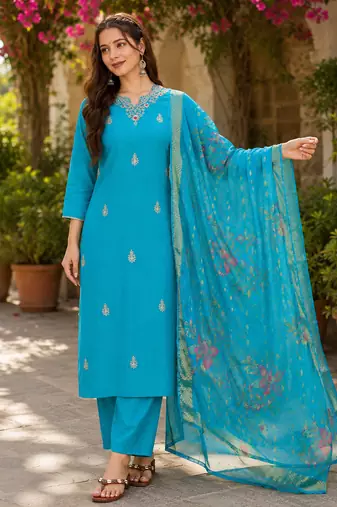 Women Gorgeous Viscose Fabric Embroidery Work Straight Kurta, Pant and Dupatta Set